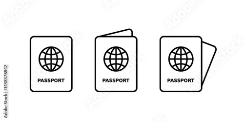 Flight ticket and passport icon set. Passport related vector line icon. Vacation and air travel symbols. Passport icon. Simple illustration from vacation collection