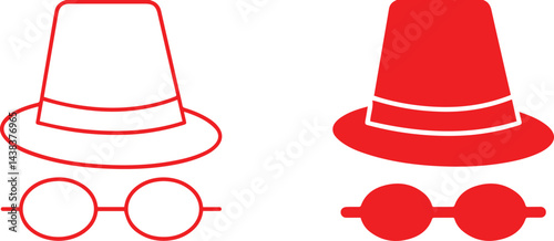 Minimalist red icon set, top hat silhouette, round sunglasses outline, simple graphic design, flat vector illustration, fashion accessories, stylized headwear,