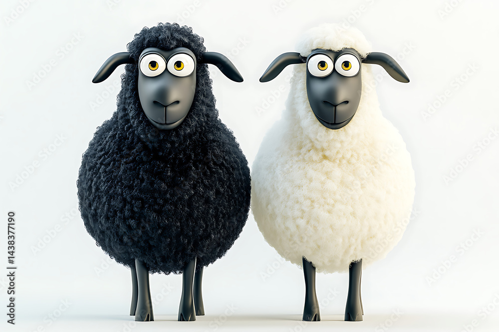 Obraz premium Two cartoon sheep, one black and one white, standing side by side against a plain background
