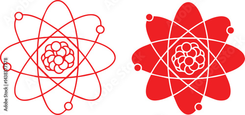 Atomic symbol, scientific illustration, red and white, symmetrical design, electron orbits, nucleus, simplified atom model, geometric patterns, minimalist style, vector graphic,
