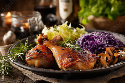 Rustic Roasted Duck Legs with Mushrooms and Wine on Wooden Table