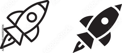 Rocket icon, simple line drawing, black and white, minimalist design, space travel symbol, retro futuristic, vector graphic, clean outlines, cartoon style
