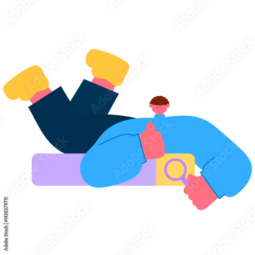 Man giving thumbs up with holding a magnifying glass and laying on a search bar, representing exploration, search engine optimization, and internet browsing flat vector illustration