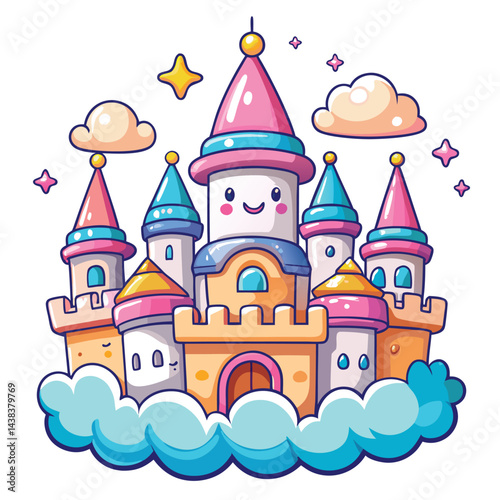 Cute Cartoon Castle on Clouds