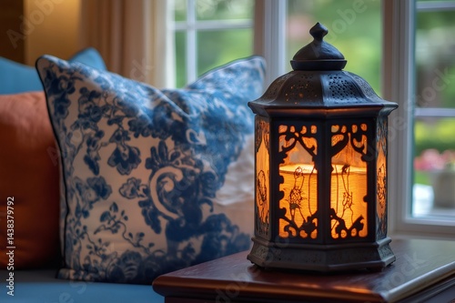 Vintage lantern emits a warm, inviting glow, adding a touch of elegance to a cozy living room setting