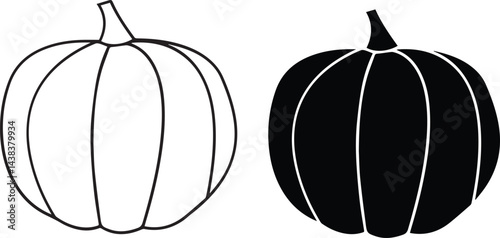 Pumpkin outlines, black and white illustration, simple shapes, minimalist design, side-by-side comparison, harvest symbol, Halloween decoration, graphic art, stark contrast, 