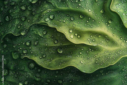 Macro close-up of water droplets on banana leaves, uninterrupted green texture, natural light, photorealistic, ultra-realistic, high-resolution background