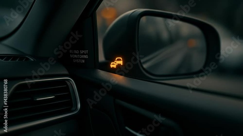 Close-up of a car's blind spot monitoring system warning light illuminated on the side mirror.