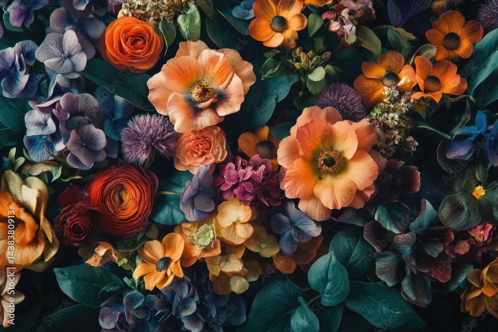 Fototapeta premium A vibrant tapestry of autumnal blooms, showcasing a rich array of colors and textures in a close-up floral arrangement.