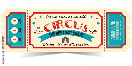 Vintage circus ticket illustration with retro typography, colorful stars, event details, and admit one barcode. Fun carnival entry ticket design for fair, show, performance, or festival events.