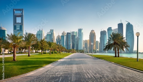 hauptstrasse mit skyline am park in west bay doha katar photo