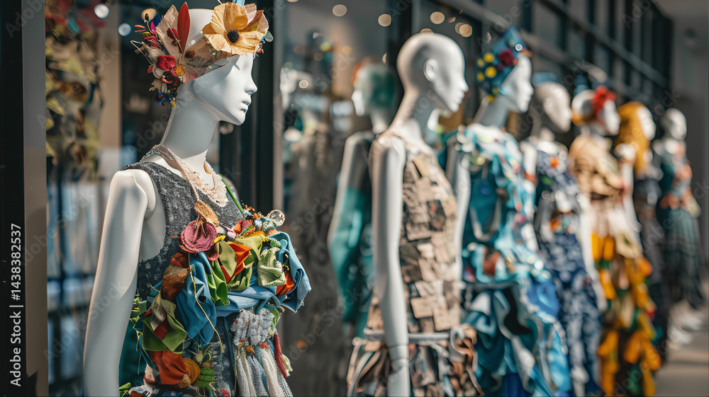 Fototapeta premium Colorful recycled fashion cloth materials. Mannequins wearing upcycle fashion apparels in a fashion boutique. Couture pieces on mannequins in the show glass. Print Colorful clothes anging on hangers