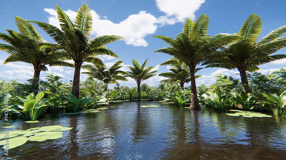 Lush tropical scene calm water, palm trees, & vibrant greenery under a sunny sky Lush tropical scene calm water, palm trees, & vibrant greenery under a sunny sky