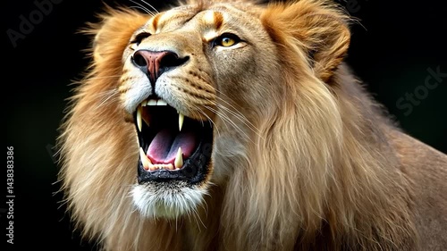 Lion's roar majestic, powerful, golden mane, open mouth, sharp teeth