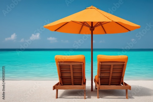 Two wooden sun loungers placed under bright orange umbrella on sandy beach facing turquoise sea with blue sky in tropical vacation setting symmetry concept stock image