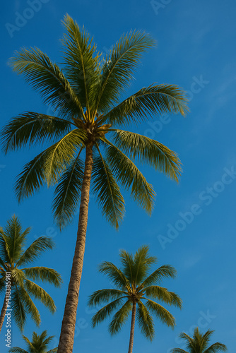 Tropical Palm Trees Against Clear Blue Sky - Summer Vacation  Island Paradise  Exotic Nature Landscape