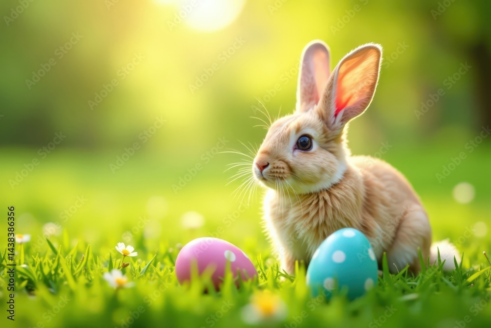 Fototapeta premium Bunny ears and Easter eggs on a sunny meadow, garden, spring flowers, sunny