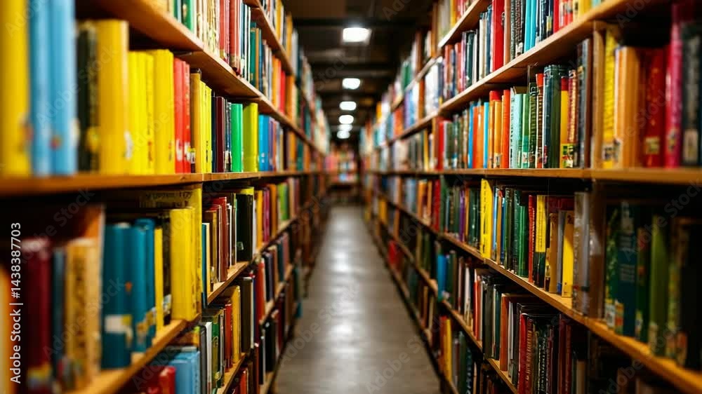 Endless rows of colorful books filling the shelves, creating a tunnel-like perspective in a quiet, cozy library space Endless rows of colorful books filling the shelves, creating a tunnel-like perspective in a quiet, cozy library space