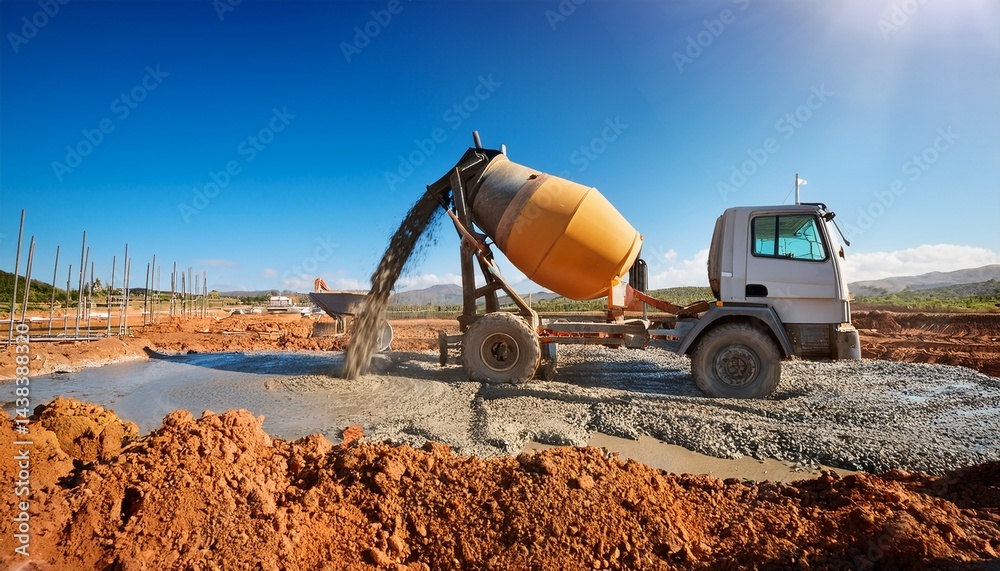 Fototapeta premium a construction site with a concrete mixer pouring fresh concrete into the ground surrounded by earthy soil and a clear sky