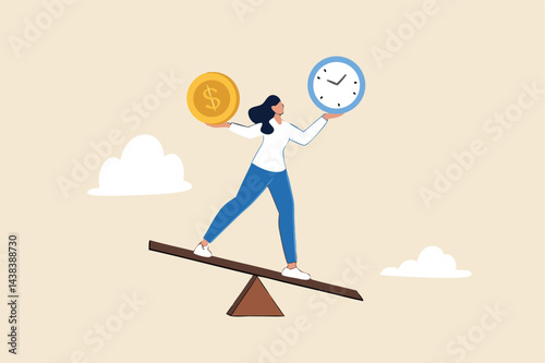 Time and money balance, weight between work and life, long term investment or savings, control or make decision concept, cheerful business woman balance between time clock and dollar money on seesaw.