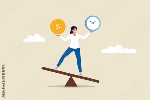 Time and money balance, weight between work and life, long term investment or savings, control or make decision concept, cheerful business woman balance between time clock and dollar money on seesaw.