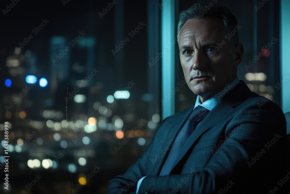 A pensive businessman in a suit sits by a window overlooking a night cityscape, lost in thought. A pensive businessman in a suit sits by a window overlooking a night cityscape, lost in thought.
