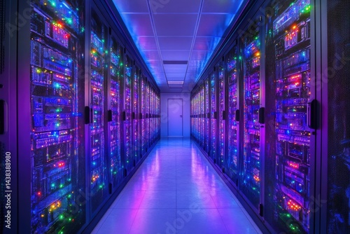 A brightly lit data center hallway  filled with rows of servers. Neon purple and blue lighting
