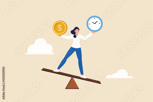 Time and money balance, weight between work and life, long term investment or savings, control or make decision concept, cheerful business woman balance between time clock and dollar money on seesaw.