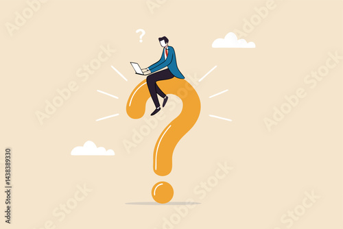 Business problem, solution or answer, solving problem or analyze issue and discover opportunity in trouble and difficulty concept, calmness businessman working with computer on big question mark.