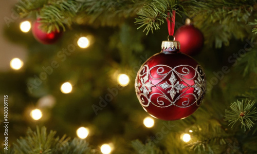 A bright red decoration hangs from a festive Christmas tree