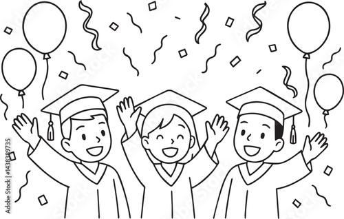 outlined black and white drawing of children in graduation gowns throwing hats up for festive school coloring page


