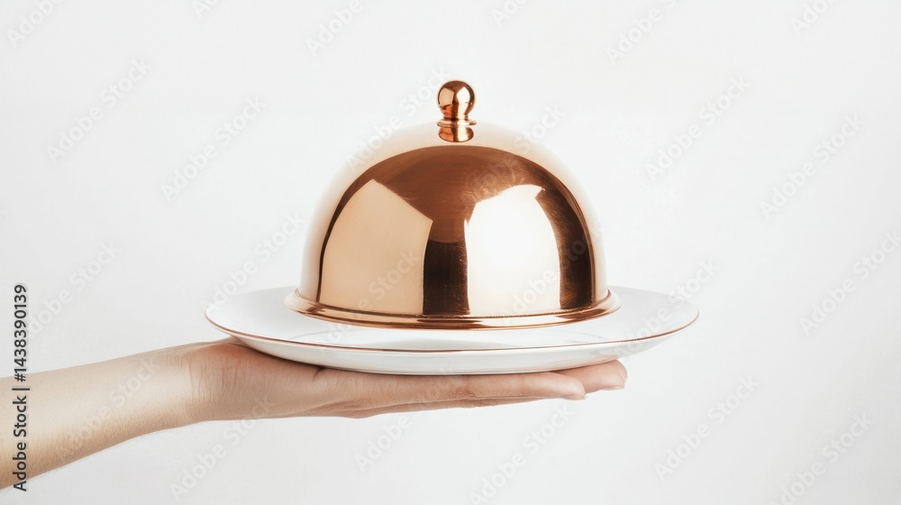 Fototapeta premium Copper serving cloche held above an empty plate on white background.
