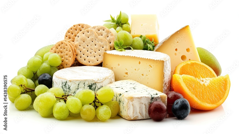 Assorted Cheese with Fresh Fruits and Crackers on White Background Assorted Cheese with Fresh Fruits and Crackers on White Background