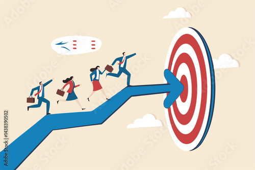 Team target or achievement, teamwork or leadership to lead to achieve goal, business direction or success, career path or growth concept, business people coworkers walking up arrow to reach target.