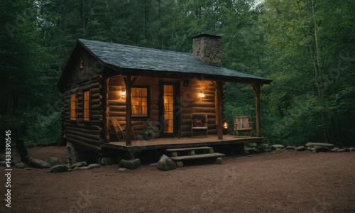 A cozy log cabin surrounded by trees and foliage