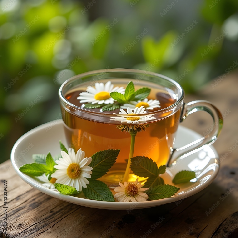 A cup of organic herbal tea, with fresh mint and chamomile flowers. A cup of organic herbal tea, with fresh mint and chamomile flowers.