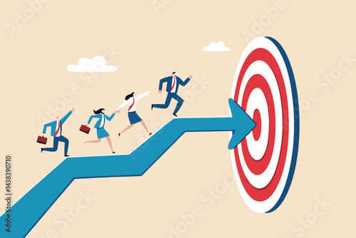 Team target or achievement, teamwork or leadership to lead to achieve goal, business direction or success, career path or growth concept, business people coworkers walking up arrow to reach target.
