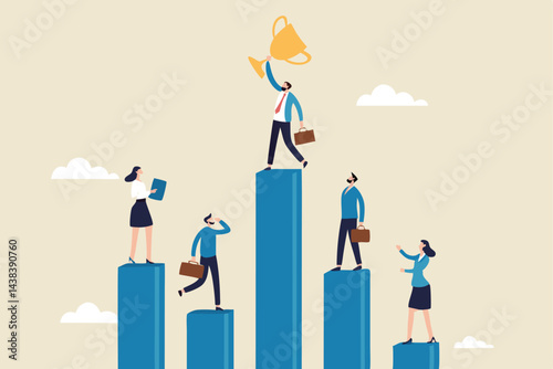 Business competition, performance comparison chart between company profit or employee, winner and loser in contest, achievement concept, business people compete on performance graph with one winner.