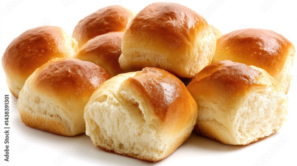 Freshly Baked Soft Dinner Rolls Piled on White Background
