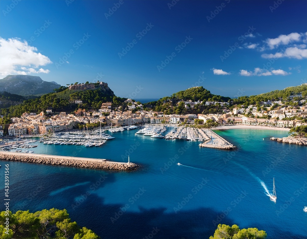 Naklejka premium panoramic view of port de soller mallorca island spain