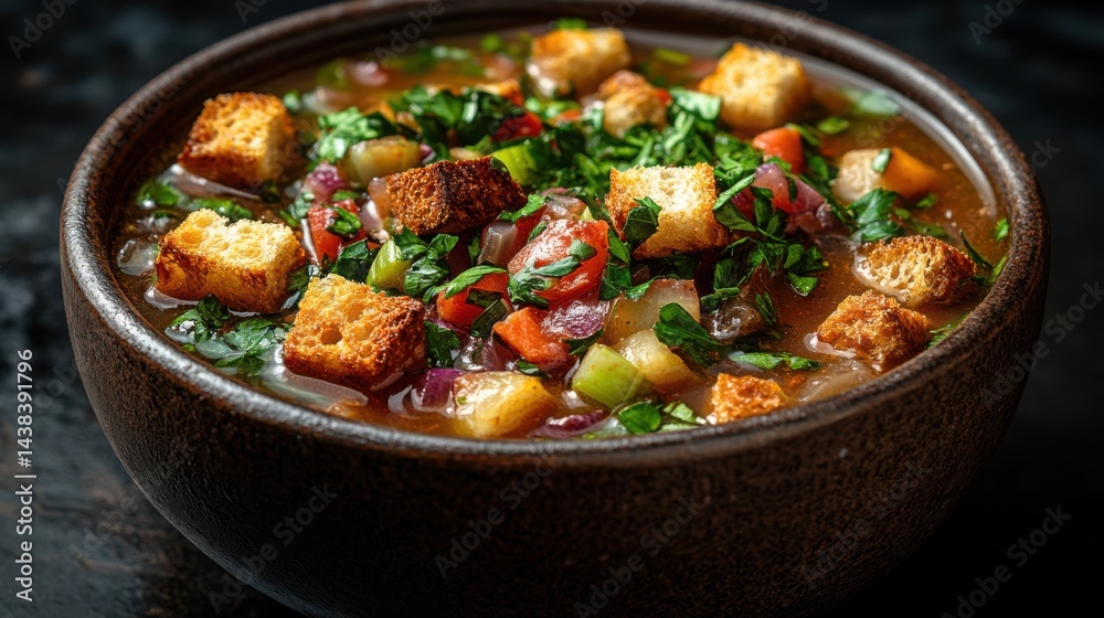 Delicious Homemade Vegetable Soup with Croutons Close Up View