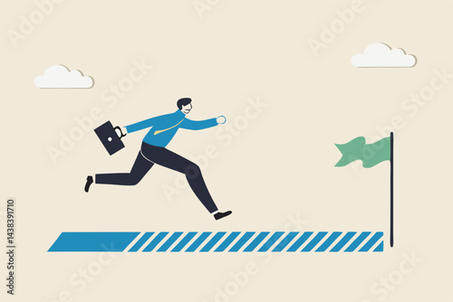 Progress or journey to success or achieve goal, business step or career path, mission or challenge to succeed, improvement concept, ambitious businessman run on progress bar to achieve success flag.