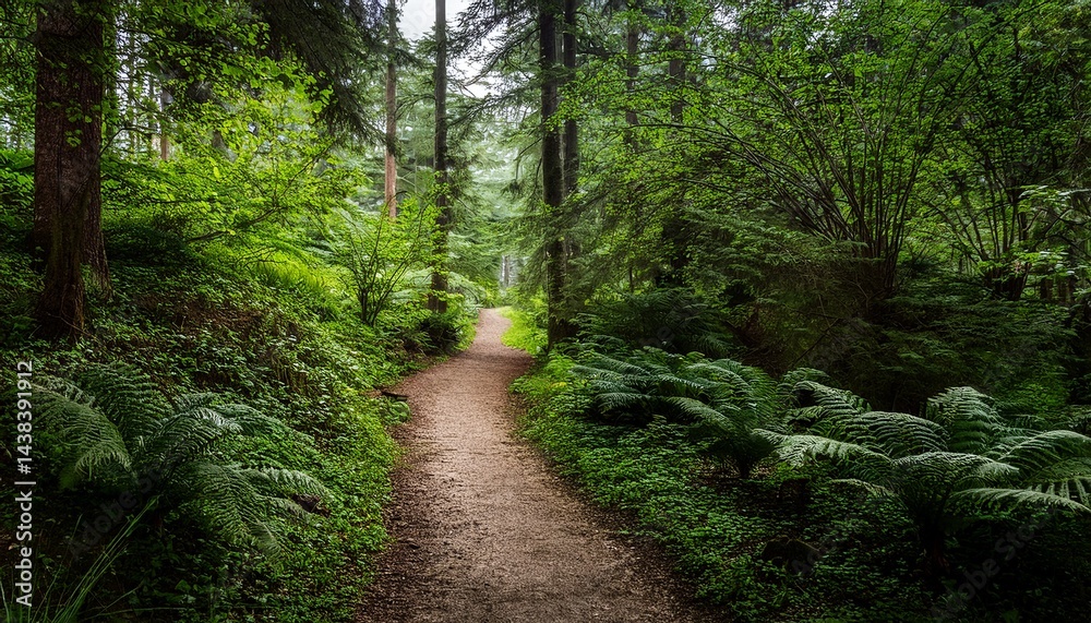 Obraz premium a dirt path through a lush green and vibrant forest