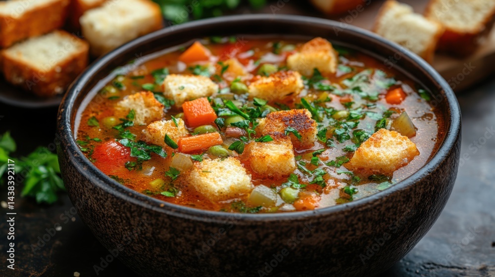 Hearty Vegetable Soup with Toasted Croutons Close Up View