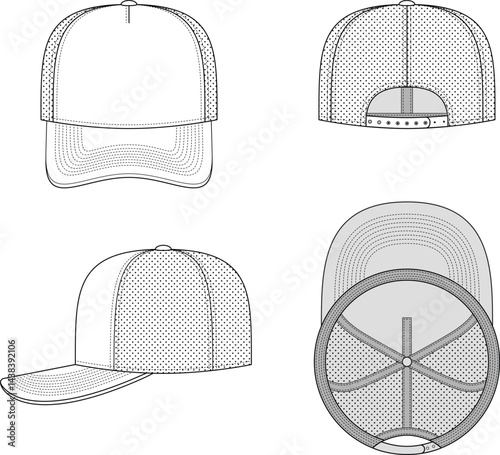 Editable technical flat sketch of the trucker cap. Front, back, side, and bottom views. For fashion design and tech packs.