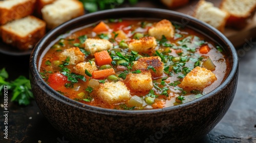 Obraz na płótnie Hearty Vegetable Soup with Toasted Croutons Close Up View w salonie