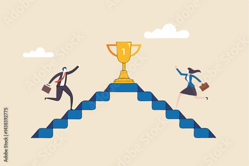 Business competition, employee motivation to success, rivalry or conflict, contest or challenge to achieve target, effort concept, businessman and businesswoman walk up stair compete to win trophy.