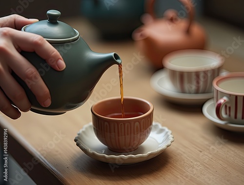 Hand pouring tea from an artistic teapot, highlighting craftsmanship and creative design in a cozy setting.


