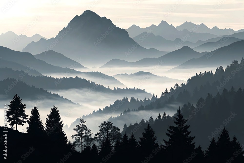 Obraz premium Black Mountain Silhouette Landscape Panorama Illustration.