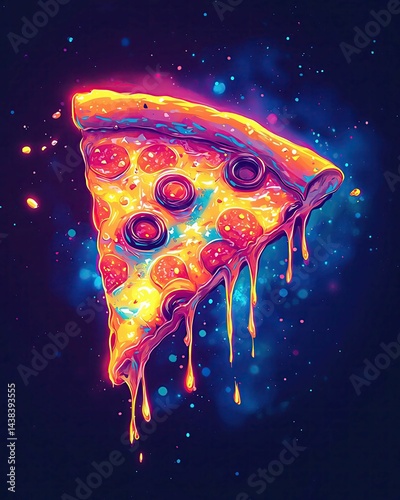 Pizza Digital colorful neon pizza slice floating in cyber Vibrant slice of pepperoni pizza dripping cheese.